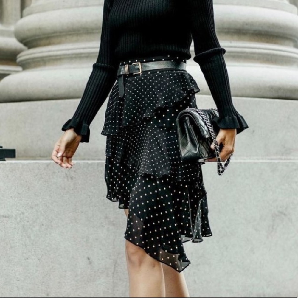 $320 Bailey44 Womens Black Polka Dot A-Line Ruffle Tiered Knee Skirt US Size 0